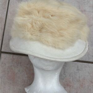 REAL RABBIT FUR HAT skully cap head piece accessory Vtg Snow Leather